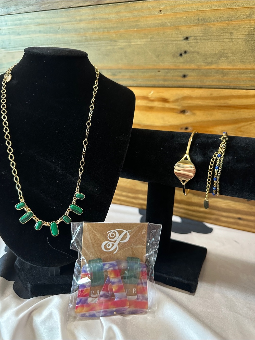 Plunder Gold-Tone Necklace with Green Stone Drops, earrings, 2 bracelets